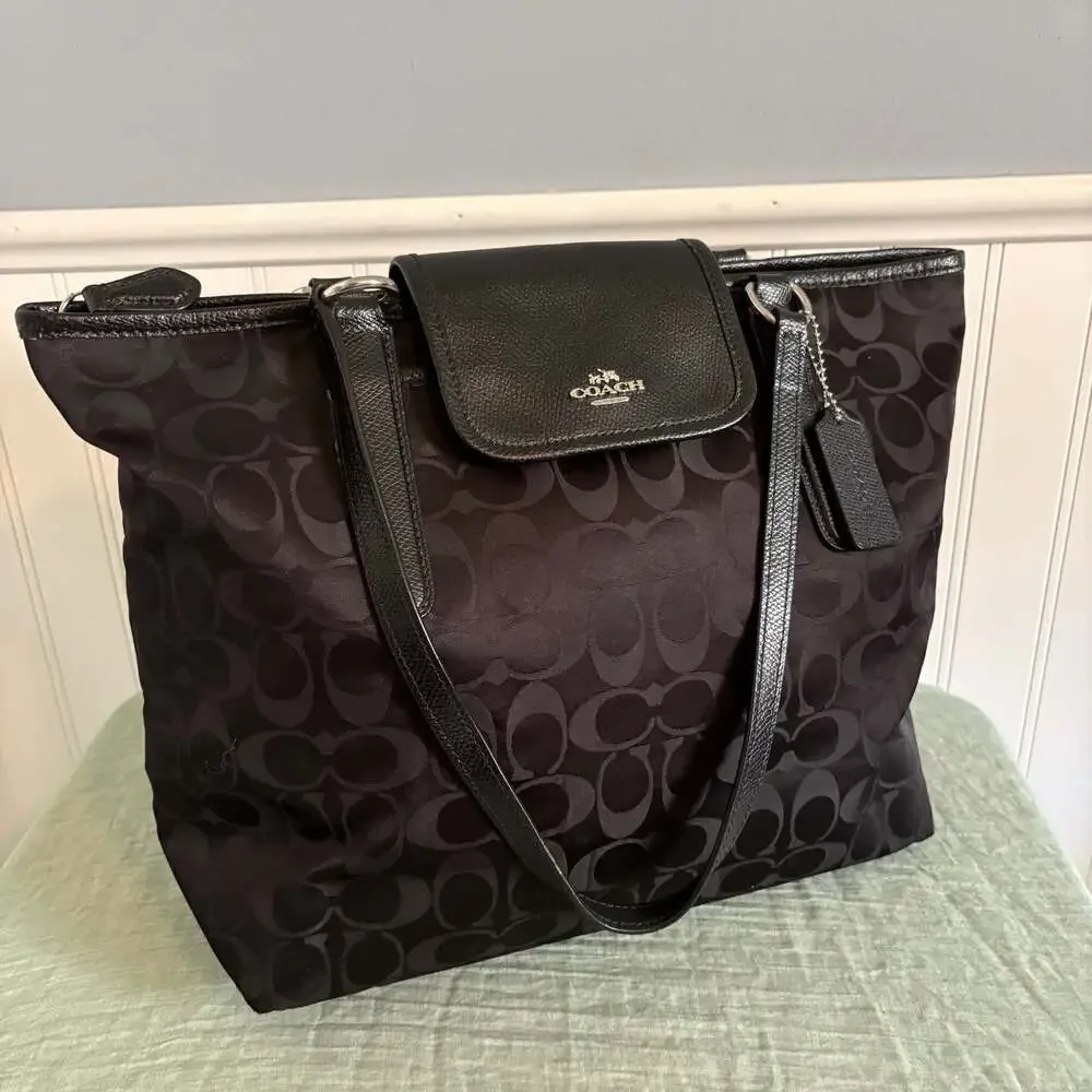 Coach Black Signature C Nylon Tote with Leather Trim and Flap Pocket